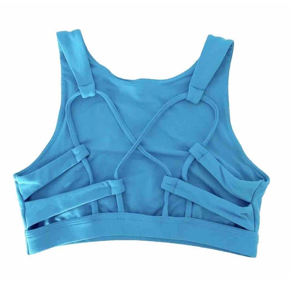 Aerie Sports Bra Small Blue “FEAR LESS” Strappy Back High Neck Activewear - Picture 5 of 6